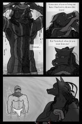 2022 abs absurd_res anthro armor biped blaidd_(elden_ring) blush canid canid_humanoid canine canis clothed clothing comic digital_media_(artwork) duke_of_dangers_(artist) elden_ring english_text erection erection_under_clothing fangs fromsoftware gay genitals greyscale headgear headgear_only helmet helmet_only hi_res homosexual human larger_anthro larger_male male male/male male_human male_only mammal monochrome muscular muscular_anthro muscular_male nipples partially_submerged pecs penis pubes size_difference smaller_human smaller_male solo tarnished text video_games werewolf wet wet_body wolf wolf_humanoid