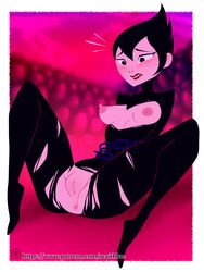 anus ashi_(samurai_jack) black_hair blush bodysuit breasts breasts_out chained_up chains daughters_of_aku embarrassed exposed_breasts female female_only looking_down medium_breasts nipples pussy ripped_clothing samurai_jack scaitblue short_hair solo spread_legs surprised torn_bodysuit torn_clothes