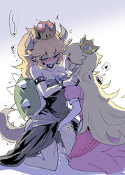 2girls armlet bare_shoulders black_dress black_nails blonde_hair blush borrowed_design bowsette bracelet breasts brooch choker closed_eyes collarbone commentary_request covered_navel crown dress earrings eyebrows_visible_through_hair female_only fingering genderswap hands_on_another's_shoulders heart highres horns jewelry kneeling large_breasts long_hair looking_at_another looking_to_the_side mario_(series) mini_crown multiple_girls nail_polish nejikyuu new_super_mario_bros._u_deluxe nintendo pink_dress pointy_ears princess_peach puffy_short_sleeves puffy_sleeves pussy_juice short_sleeves spiked_armlet spiked_bracelet spiked_choker spiked_shell spiked_tail spikes spoken_heart strapless strapless_dress super_crown super_mario_bros. thick_eyebrows trembling turtle_shell very_long_hair wet yuri