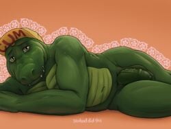 alligator anthro balls crocodile flaccid foreskin looking_at_viewer male male_only muscles nude penis sexbad solo uncut