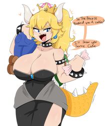 1boy 1girls blonde_hair bowsette breasts cleavage female fully_clothed genderswap huge_breasts jinu male mario mario_(series) new_super_mario_bros._u_deluxe nintendo solo_focus speech_bubble super_mario_bros. text voluptuous