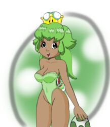 1girls arm_behind_back black_eyes breasts cleavage crown dark-skinned_female dark_skin egg female female_only green_hair hand_behind_back leotard lips lipstick long_hair looking_at_viewer mario_(series) new_super_mario_bros._u_deluxe nintendo open_mouth rule_63 shell solo super_crown tail thick thick_thighs thighs white_lipstick wide_hips yoshette yoshi yoshi_egg
