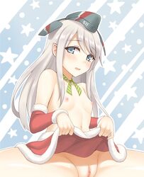 alternate_costume bangs blue_eyes blush breasts choker christmas eyebrows_visible_through_hair female flat_chest garrison_cap groin hair_between_eyes hat kantai_collection lang_(chikage36) looking_at_viewer navel nipples open_mouth pussy ribbon ribbon_choker santa_costume simple_background skirt skirt_lift small_breasts solo spread_legs u-511_(kantai_collection) white_hair