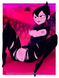 anus ashi_(samurai_jack) black_hair blush bodysuit breasts breasts_out chained_up chains daughters_of_aku embarrassed exposed_breasts female female_only looking_at_another medium_breasts nipples pussy ripped_clothing samurai_jack scaitblue short_hair solo spread_legs torn_bodysuit torn_clothes