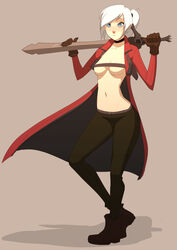 2d blue_eyes breasts cleavage covering_nipples dante devil_may_cry female female_only genderbend genderswap kittypuddin looking_at_viewer ponytail rule_63 sillygirl simple_background sinner solo sword weapon white_hair