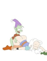 1boy 1girls animated artist_request ass_up boots bottle buckteeth calarts clothing disenchantment drunk elf elfo female footwear from_behind green_skin passed_out pointy_ears princess_tiabeanie tunic white_background