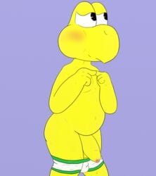 1boy anthro balls blush clothing flaccid foreskin half-closed_eyes humanoid_penis koopa koopa_troopa male male_only mario_(series) nintendo penis reptile scalie simple_background slightly_chubby smile solo standing testicles turtle uncut underwear underwear_down video_games vigmarr