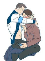 2boys android beard blood blue_blood blush detroit:_become_human embrace fictional_interracial fingering gavin_reed gay heart_removal human human_only male male/male male_on_male male_only rk900 robot sitting snuff yaoi