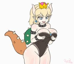 animated blonde_hair blue_eyes bowsette breast_grab breasts choker cleavage crown female horns large_breasts lizard_tail mario_(series) monster_girl new_super_mario_bros._u_deluxe nintendo pinkpawg rule_63 shell solo super_crown tail