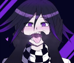 danganronpa danganronpa_v3 drooling femboy fingers_in_mouth heart kokichi_ouma male_focus male_only maw octoboy open_mouth ouma_kokichi purple_eyes saliva_drip saliva_string saliva_trail smooth_skin striped_scarf tongue_out two_tone_hair