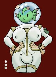 1futa 2018 anthro bandage big_breasts big_bulge breasts bulge clothed clothing dickgirl digital_media_(artwork) fin fish frooby futanari intersex marine nipples outline penis simple_background solo standing suit