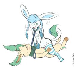 1boy 1girls blush brown_eyes clothed clothed_feral clothing cowgirl_position cute eeveelution feet female female_on_top feral feral_on_feral flat_chest fur furry glaceon green_eyes half-closed_eyes hand_on_chest heavy_breathing interspecies leafeon leash lying male male_penetrating momocha nintendo on_back on_top open_mouth original_character paws penetration penis petplay pokemon pokemon_(species) pokemon_dppt pussy roleplay scarf sex simple_background smile sweat text vaginal_penetration video_games watermark white_background white_fur