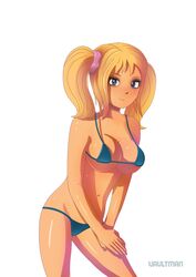 bikini blonde_hair blue_bikini blue_eyes cleavage collarbone hands_on_leg juliet_starling leaning lollipop_chainsaw looking_at_viewer medium_breasts smile standing swimsuit swimwear twintails vaultman white_background