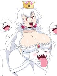 1girls 3others ambiguous_gender big_breasts boo_(mario) boosette breasts cleavage clothing dress earrings eyebrows eyelashes female female_focus female_only ghost huge_breasts humanoid humanoid_hands jinu long_hair looking_at_viewer luigi's_mansion mario_(series) monster monster_girl new_super_mario_bros._u_deluxe nintendo open_mouth open_smile pale_skin red_eyes sharp_teeth simple_background smile teeth tongue tongue_out video_games white_background white_dress white_hair