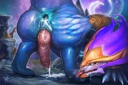 2018 5_fingers after_sex animal_genitalia anthro anus ass aurelion_sol blue_skin cum cum_from_ass cum_on_ground dragon drooling eastern_dragon erection gaping gaping_anus gay genital_slit hand_on_butt knot league_of_legends male nude outside penis presenting presenting_anus presenting_hindquarters raised_tail rear_view riot_games rojika saliva slit solo sweat tongue tongue_out vein veiny_penis video_games yaoi