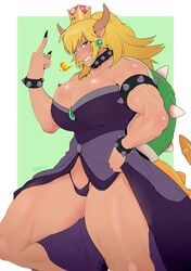 angry biceps blonde_hair blue_eyes blush bowsette breasts breathing_fire choker cleavage crown dress female genderswap hijabolic horns huge_breasts large_breasts long_hair mario_(series) middle_finger monster_girl muscles muscular_female new_super_mario_bros._u_deluxe nintendo pointy_ears sharp_teeth shell solo super_crown tail thick_thighs thong