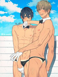 2boys abs bowtie free! gay gloves green_eyes nanase_haruka_(free!) pecs speedo standing tachibana_makoto tanline tanlines yaoi