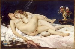 2girls absurdres armpit_hair arms ass bare_arms bare_legs bare_shoulders barefoot bed black_hair breasts brown_hair closed_eyes closed_mouth feet female female_only fine_art full_body gustave_courbet highres human indoors le_sommeil legs lips long_hair lying mound_of_venus multiple_females multiple_girls mutual_yuri neck nipples nude on_back on_bed on_side painting painting_(artwork) pubic_hair public_domain realism realistic sleeping table traditional_media_(artwork) yuri