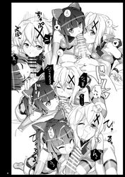 1boy 2girls :>= akatsuki_kirika bangs bar_censor bare_shoulders blunt_bangs blush breast_press breasts censored closed_eyes clothed_female_nude_male collaborative_fellatio doujinshi elbow_gloves facial fellatio ffm_threesome gloves greyscale group_sex hair_ornament highres inai_uchi leotard looking_at_viewer medium_breasts monochrome multiple_fellatio multiple_girls navel nude one_eye_closed oral penis pov senki_zesshou_symphogear striped striped_legwear teamwork threesome tsukuyomi_shirabe wince x_hair_ornament