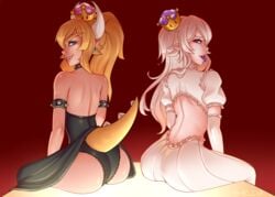 2girls ass blonde_hair boosette bowsette female female_only genderswap looking_at_viewer looking_back mario_(series) new_super_mario_bros._u_deluxe nintendo panties pantyshot shellvi underwear upskirt white_hair