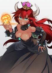 bowsette breasts dark-skinned_female dark_skin female genderswap green_eyes iltusa mario_(series) new_super_mario_bros._u_deluxe nintendo red_bowsette red_hair tagme tan_skin