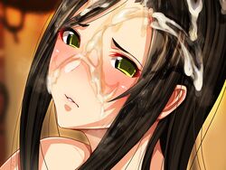 amamiya_(abaros) black_hair blurry blurry_background blush cum cum_on_hair embarrassed facial female full-face_blush green_eyes head_only highres idolmaster idolmaster_cinderella_girls lips long_hair looking_at_viewer mukai_takumi nose parted_lips saberfish simple_background solo upper_body