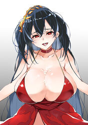 absurdres azur_lane bare_shoulders black_hair breast_focus breasts bursting_breasts choker cleavage commentary_request cum cum_in_mouth cum_on_body cum_on_breasts cum_on_tongue cum_on_upper_body dress female full_cleavage gradient gradient_background grey_background heart heart-shaped_pupils highres huge_breasts kobo_(cobo_0609) long_hair looking_at_viewer open_mouth red_dress red_eyes smile solo symbol-shaped_pupils taihou_(azur_lane) taihou_(forbidden_feast)_(azur_lane) very_long_hair