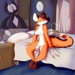 acreep anthro bed bedroom bedroom_eyes blush canine clitoris clock detailed_background female fox grabbing_sheets half-closed_eyes hotel machine mammal navel nude pussy robot seductive