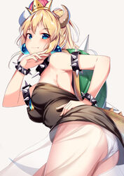 alternate_costume alternate_version_available amulet armlet ass big_breasts black_clothes black_clothing blonde_hair blue_earrings blue_eyes bowsette bracelet choker crown cute earrings female female_only genderswap horn horns looking_at_viewer looking_back looking_down mario_(series) new_super_mario_bros._u_deluxe nintendo panties panty pantyshot pantyshot_(standing) see-through shell smile smooth_skin smug solo spikes tail underwear upskirt white_background white_panties yan_(nicknikg)