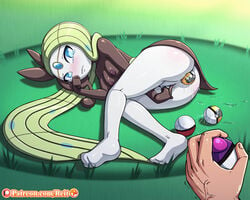 1girls anal ass breasts creature crying crying_with_eyes_open feet gameplay_mechanics green_eyes green_hair human looking_at_viewer lying lying_down master_ball masturbation meloetta nintendo nipples object_insertion patreon petite poke_ball poke_ball_insertion pokemon pokemon_(species) pokemon_battle pokemon_bw pokemon_focus pussy reit soles tears text toes ultra_ball url watermark wet wide_hips