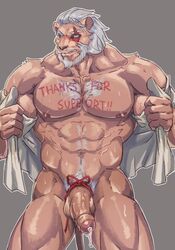 1boy anthro balls barazoku blizzard_entertainment body_fur body_hair chest_fur chest_hair cum cum_drip dripping erection feline hairy laon8130 lion male male_only mammal nipples nude overwatch penis pubes reinhardt seductive solo video_games