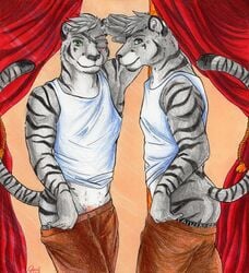 2012 anthro ass clothed clothing eye_patch eyewear felid fur green_eyes grey_fur herzog_silverfang looking_at_viewer male male_only mammal mirror pantherine penis shirt solo stripes tank_top teasing tiger topwear white_fur