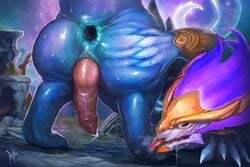 2018 5_fingers animal_genitalia anthro anus ass aurelion_sol blue_skin cum dragon drooling eastern_dragon erection gaping gaping_anus gay genital_slit hand_on_butt knot league_of_legends male nude outside penis precum presenting presenting_anus presenting_hindquarters raised_tail rear_view riot_games rojika saliva slit solo sweat tongue tongue_out vein veiny_penis video_games yaoi