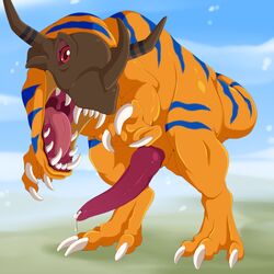 2018 ceratosaur ceratosaurid ceratosaurus claws coillte digimon dinosaur erection feral greymon horn male male_only mask open_mouth orange_skin outside penis precum red_eyes red_penis solo stripes teeth tongue