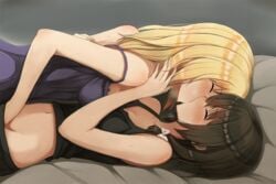 2girls bare_arms bare_shoulders bed_sheet black_hair blonde_hair blush bow breast_press breasts brown_hair camisole cleavage closed_eyes clothed clothes_pull clothing dress eyes_closed fingering french_kiss from_side fumei_(mugendai) groin hairbow hand_under_clothes kissing laying_down long_hair lying maribel_hearn medium_breasts multiple_girls navel nightgown nose_blush on_back on_bed on_stomach profile renko_usami sideboob small_breasts stomach strap_slip sweat tank_top touhou white_bow yuri