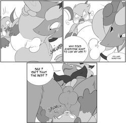 1boy 2018 ambiguous_gender anal anthro anus ass blush canine comic furry interspecies licking male male_only mammal monochrome nintendo oral penis pokémon_(species) pokemon pokemon_(species) raichu rimjob rodent simple_background smile sparky_the_chu teeth testicles text tongue tongue_out video_games white_background zoroark