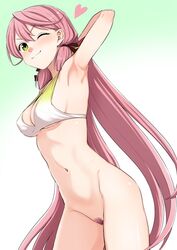 akashi_(kantai_collection) arm_up armpits bangs bikini_top blush breasts cleavage closed_mouth commentary_request cowboy_shot eyebrows_visible_through_hair female green_eyes hair_between_eyes hair_ribbon heart kantai_collection kumadano long_hair looking_at_viewer low_twintails navel one_eye_closed pink_hair pubic_hair ribbon sideboob simple_background smile solo standing swimsuit twintails underboob very_long_hair