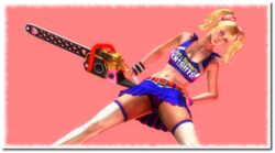 1girls 3d beltskirt blonde_hair blue_eyes chainsaw cheerleader clothing collarbone female female_only hand_on_hip juliet_starling lollipop lollipop_chainsaw looking_at_viewer panties pink_panties pink_watch red_belt skirt solo upskirt white_legwear