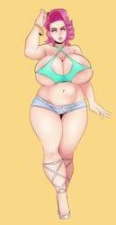 1girls breasts chubby cleavage female female_only huge_breasts human humanized my_little_pony shorts solo spoiled_milk-rich spoiled_rich_(mlp) sunnysundown sweat thick_thighs wide_hips