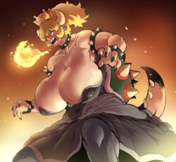 1girls angry black_dress blonde_hair bowsette bracelet breasts brooch bursting_breasts busty cleavage collar crown dress earrings fangs fire fire_breathing gigantic_breasts horns hourglass_figure huge_breasts jewelry mario_(series) monster_girl muscle muscular_female new_super_mario_bros._u_deluxe nintendo rule_63 sasaki_tatsuya sharp_fingernails sharp_teeth solo spiked_armlet spiked_bracelet spiked_collar spiked_shell spiked_tail spikes strapless_dress super_crown voluptuous