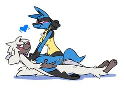 1boy 1girls 2018 anthro ass black_fur blue_fur blush breasts collar cowgirl_position cum cum_on_ass female fur furfrou furry hand_on_chest hand_on_thigh heart interspecies looking_at_partner lucario male navel nintendo on_top pixylbyte pokemon pokemon_(species) pokemon_dppt pokemon_xy romantic_couple sex side_view smile spikes thigh_grab video_games white_fur yellow_fur