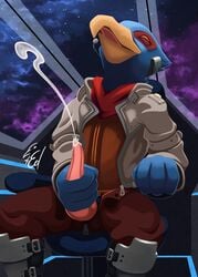 2018 absurd_res anthro avian beak big_penis bird boots clothed clothing cum cumshot ejaculation falco_lombardi feathers hi_res jacket looking_pleasured male male_only masturbation mumble1224 nintendo open_pants orgasm penile_masturbation penis solo space star_fox video_games