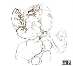 1boy anthro anus ass balls big_butt blush feline grin huge_butt lion male male_only mammal mane muscular muscular_male pecs puffy_anus sketch smile solo spedumon thick_thighs white_background