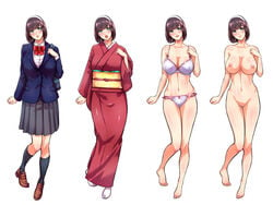 areolae bag blue_eyes blush bow bowtie bra breasts brown_hair cleavage closed_mouth feet female full_body groin hairband heavenstar_(studio) highres japanese_clothes kimono large_breasts legs legs_together measurements natsuki_hajime navel nipples nude open_mouth original panties pussy ryourinin,_ore._oyakodon_ni_hamerareru school_bag school_uniform shoes short_hair simple_background skirt smile solo thigh_gap thighs underwear white_background white_hairband wide_sleeves