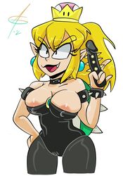 1girls ass black_leotard blonde_hair bowsette breasts busty cleavage crown dildo earrings fang female female_only holding_dildo hourglass_figure huge_breasts ican-t-get-no-satisfaction leotard mario_(series) naughty_face new_super_mario_bros._u_deluxe nintendo nipples open_mouth ponytail rule_63 solo spiked_armlet spiked_bracelet spiked_dildo spiked_shell spikes super_crown teeth thighhighs thong_leotard tight_clothing voluptuous white_background yellow_hair