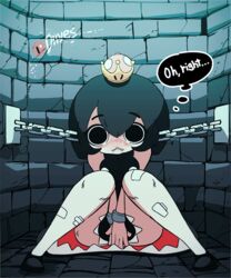 1girls animated artist_name bandaged_leg bandages big_ass black_dress black_hair black_panties blush bob_cut bondage bouncing bouncing_breasts bound breasts cameltoe chain_chomp chains chompette covering crown diives dress dungeon embarrassed english eyebrows_visible_through_hair fangs female female_only light_blush looking_at_viewer mario_(series) mini_crown new_super_mario_bros._u_deluxe nintendo open_mouth pale_skin panties patreon sharp_teeth sitting sleeveless solo super_crown teeth text thick_thighs thought_bubble underwear watermark wide_hips