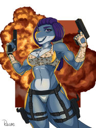 ammunition anthro blue_hair breasts camo clothing explosion female fish gloves gun hair looking_at_viewer marine matilda nude purple_hair racoe ranged_weapon shark smile teeth weapon