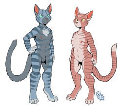 1boy 1girls 2018 anthro balls breasts casual claws digitigrade duo felid feline felis female flat_chested fur furry furry_only geordian grey_fur hand_on_hip hi_res humanoid male mammal naked nipples nude penis pose pussy rick_griffin signature simple_background striped_fur stripes tail