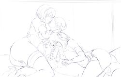 1boy 2018 2futas 2girls ass big_ass blindfold exlic fellatio female futanari intersex kissing large_penis line_art male male_on_futa monochrome nier nier:_automata oral penis thick_thighs threesome yorha_2b yorha_9s yorha_a2