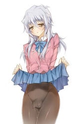 1boy femboy girly gray_hair male male_focus male_only pantwo ryou_bakura shounen_jump simple_background sissy skirt_lift small_penis solo tights white_background yu-gi-oh! ziz